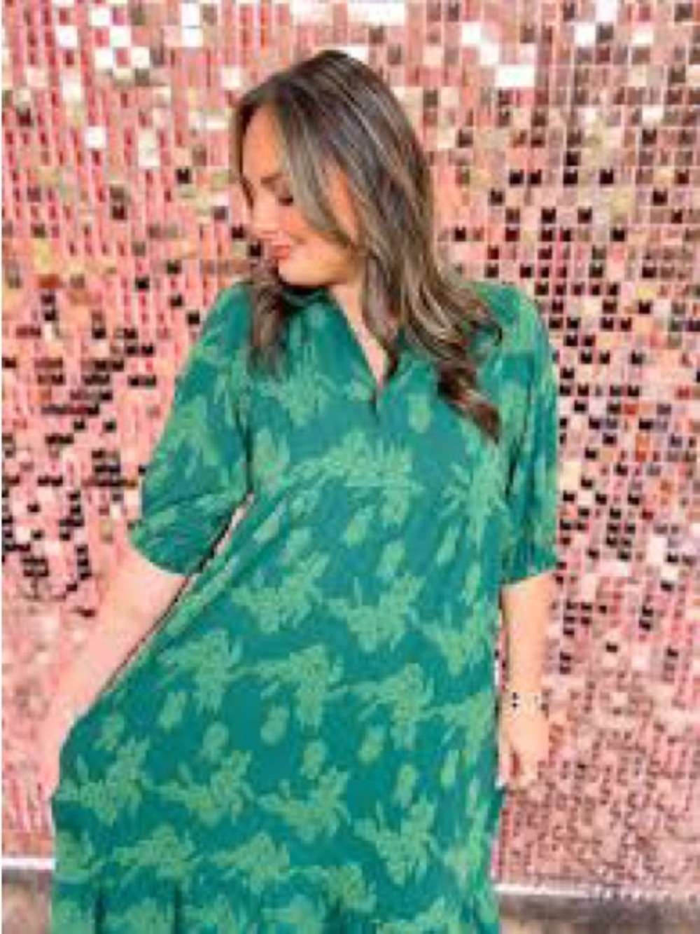 Umgee Emerald Green Printed V-Neck Midi Dress Jacquard Textured